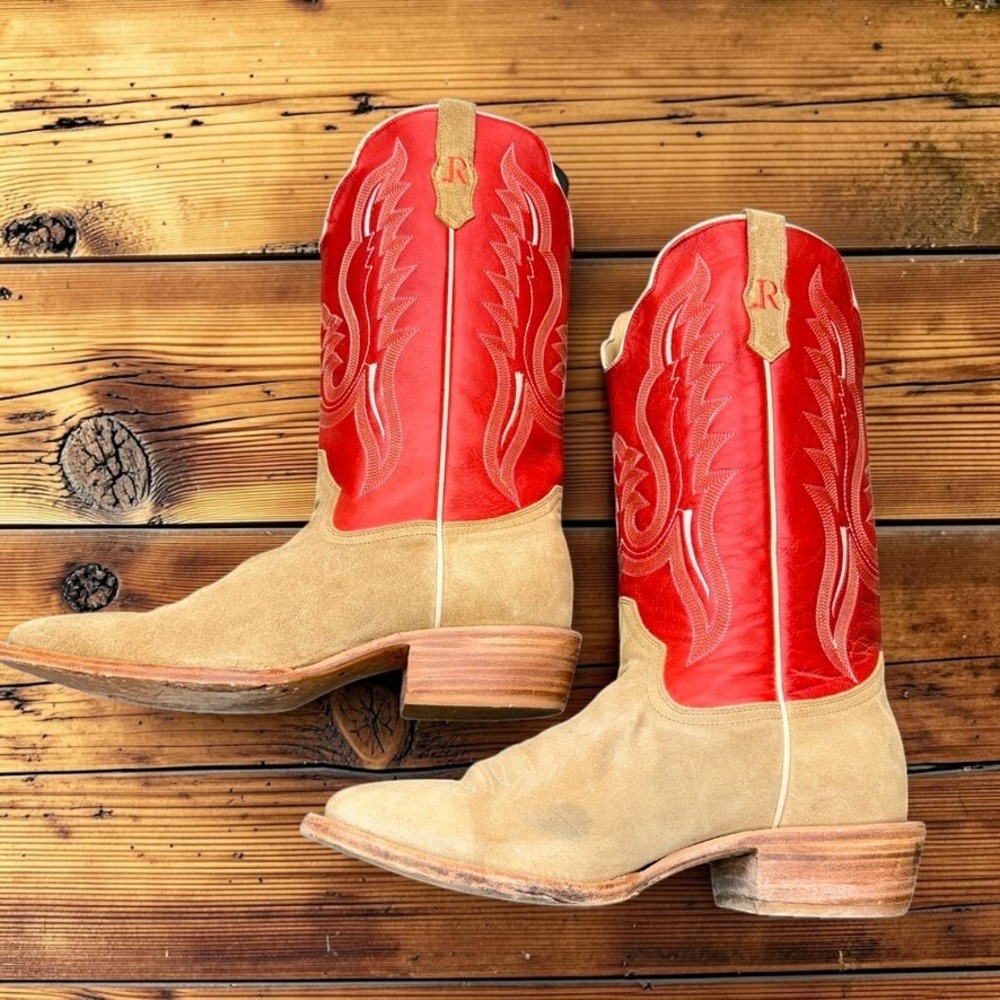 R. Watson Mens 12 EE Handcrafted Tan Suede Red Leather Cowboy Boots 8207 2 - Picture 5 of 15